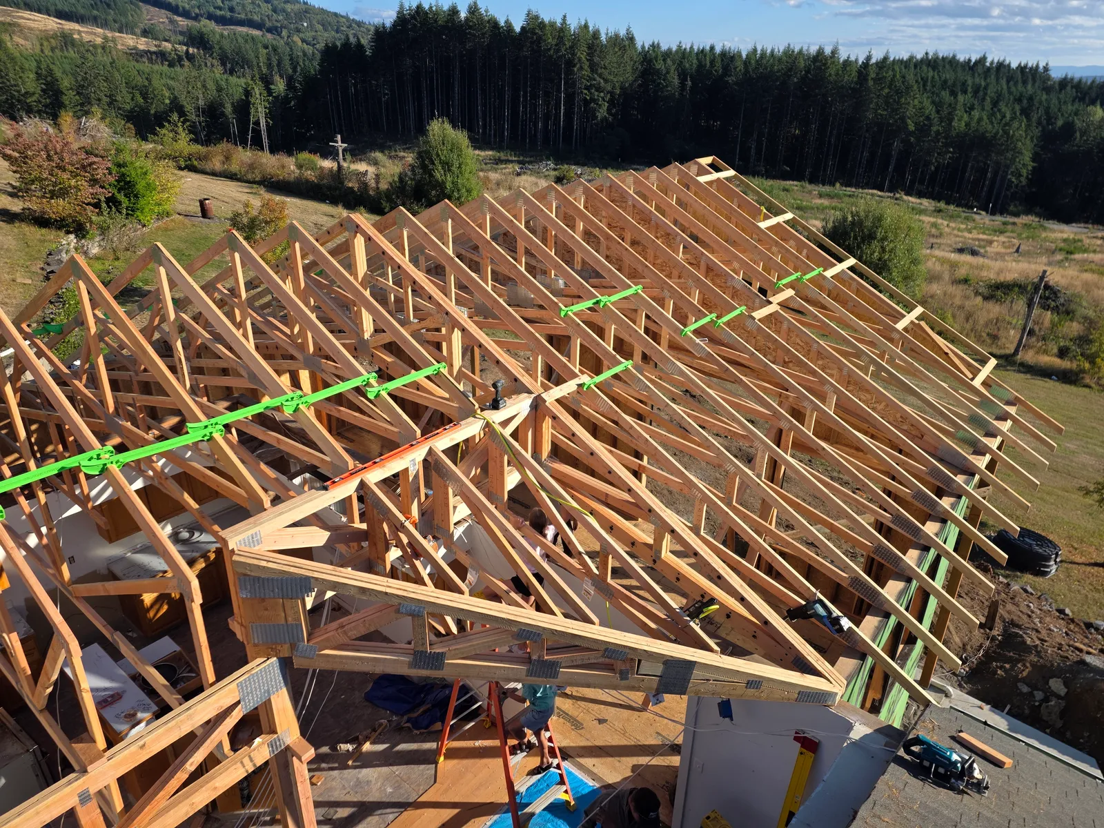 Overhead view of roof trusses on an Intent Builders project