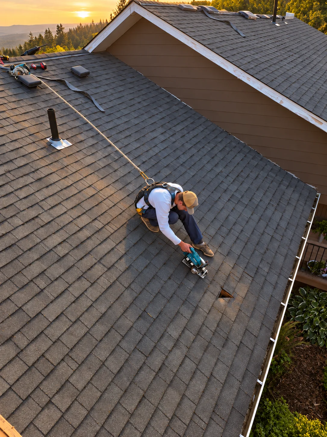 AI-enhanced review illustration of a worker carrying out roofing work on a shingled roof